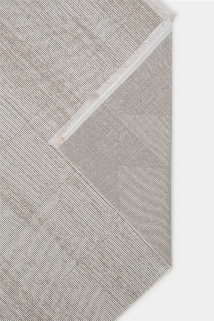 Ekru-Vizon Velar Kabartmalı Patchwork Desenli Kaymaz Taban Saten Bambu Halı