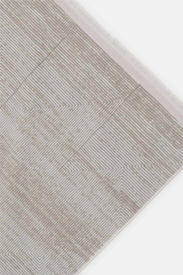 Ekru-Vizon Velar Kabartmalı Patchwork Desenli Kaymaz Taban Saten Bambu Halı