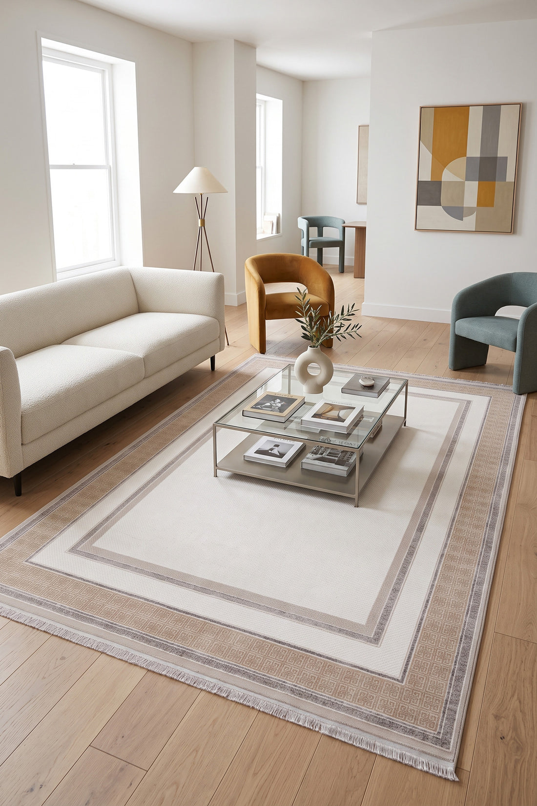 Krem Mirage Geometrik Bordür Desenli Akrilik Halı