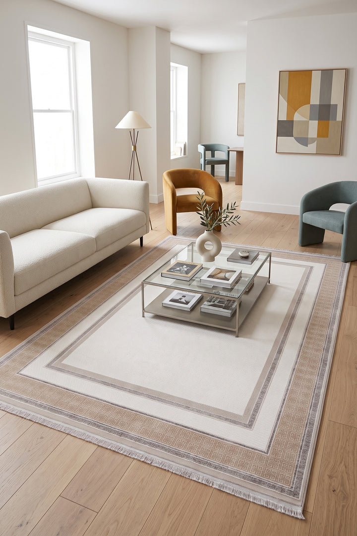 Krem Mirage Geometrik Bordür Desenli Akrilik Halı