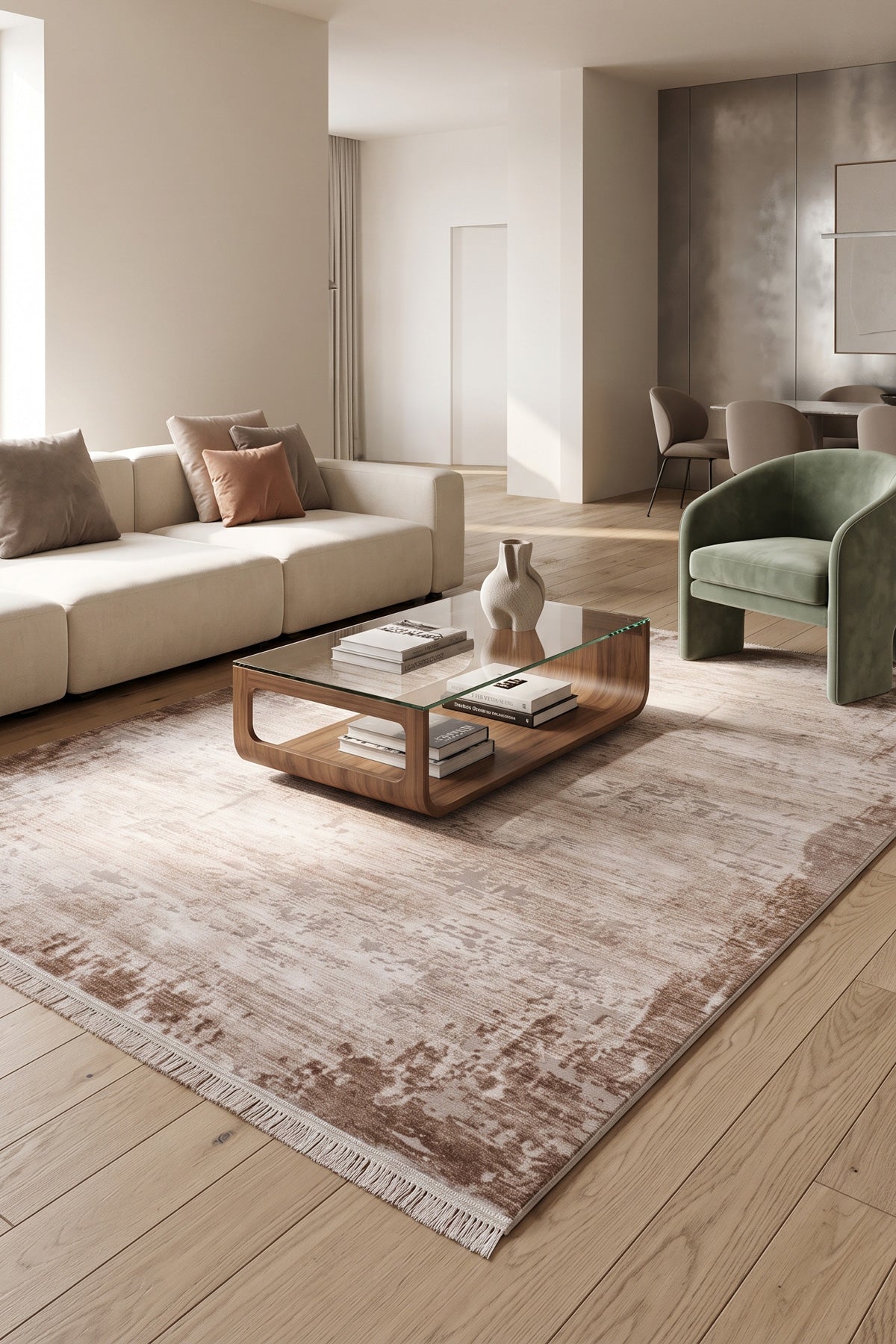 Krem-Kahve Mirage Geçişli Soyut Desenli Akrilik Halı