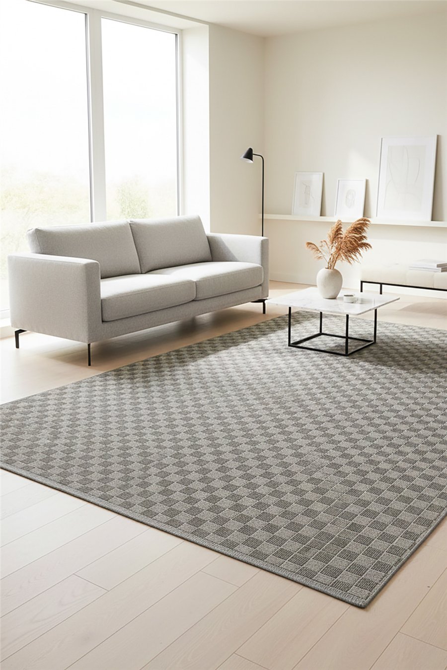 Antrasit Cemre Geometrik Desenli Kaymaz Tabanlı Modern Halı