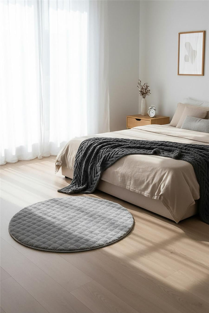 Buble Gri Makinede Yıkanabilir Yuvarlak Peluş Post Halı