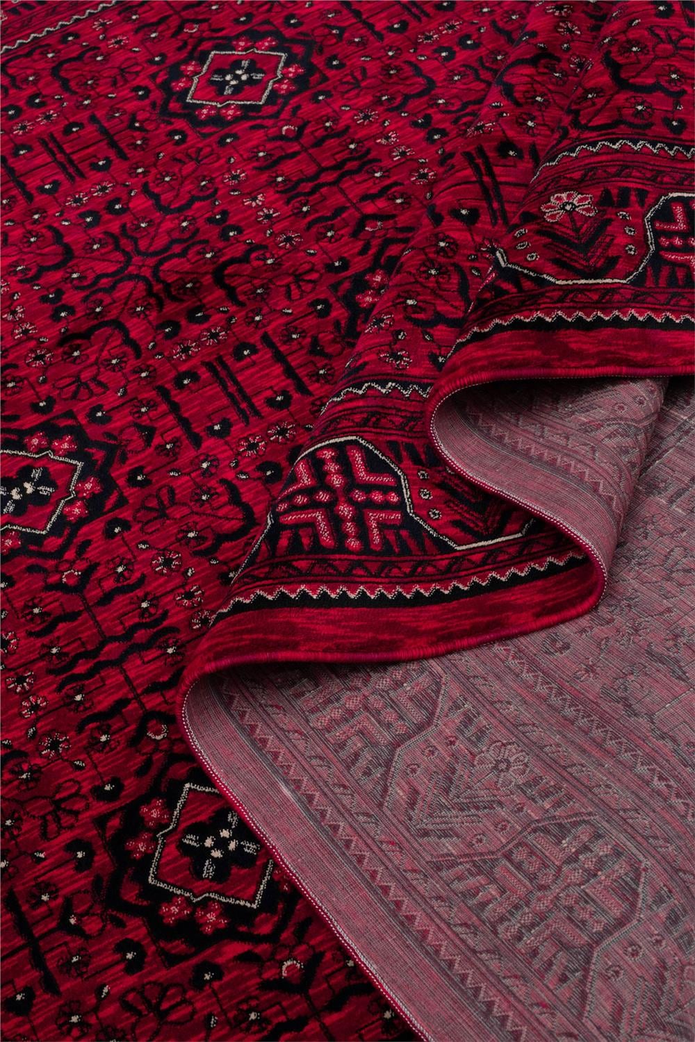 Buhara Kırmızı Bohem Kaymaz Tabanlı Afgan Halısı
