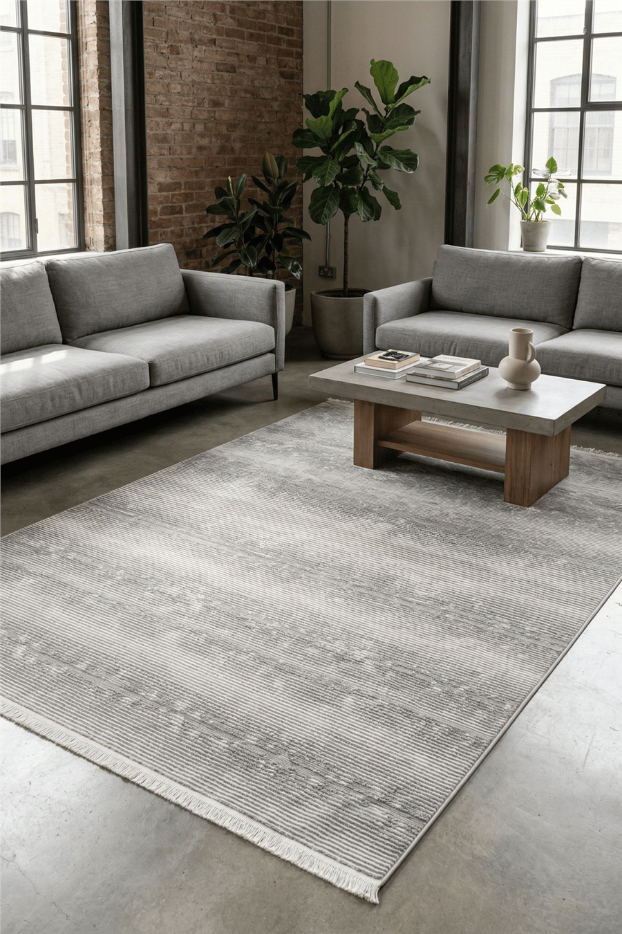 Ekru-Gri Soren Kabartmalı Çizgisel Kaymaz Taban Saten Bambu Halı