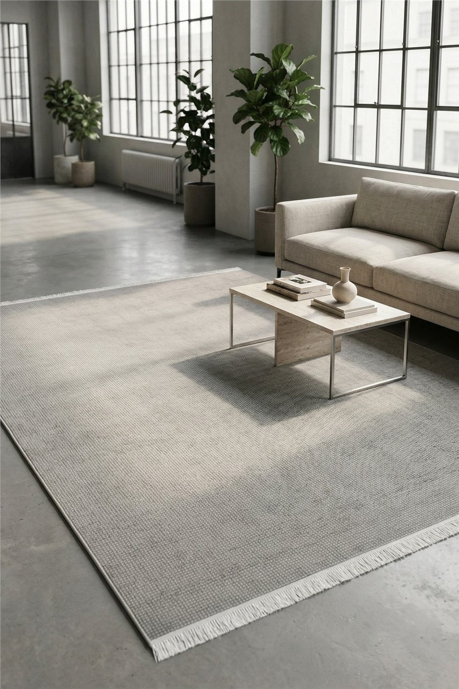 Ekru-Gri Velora Line Kabartma Dokulu Kaymaz Taban Saten Bambu Halı