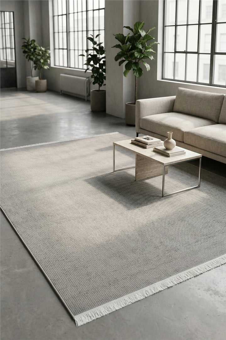 Ekru-Gri Velora Line Kabartma Dokulu Kaymaz Taban Saten Bambu Halı