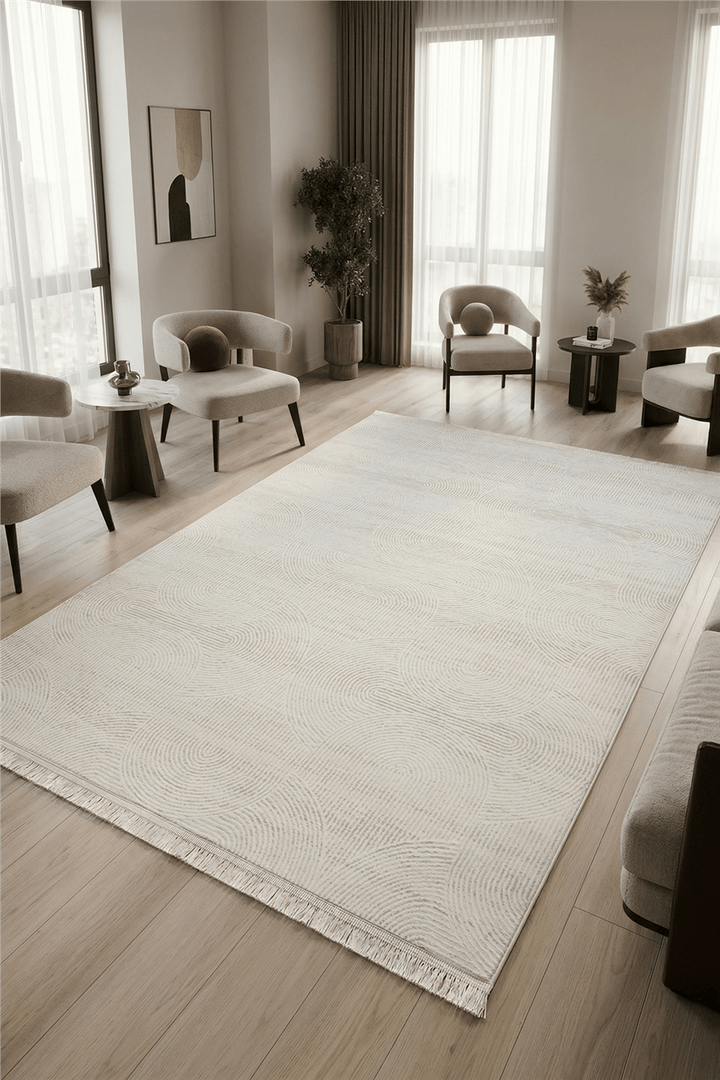 Ekru Norel Arc Geometrik Desen Vizon Kabartma Dokulu Kaymaz Taban Saten Bambu Halı