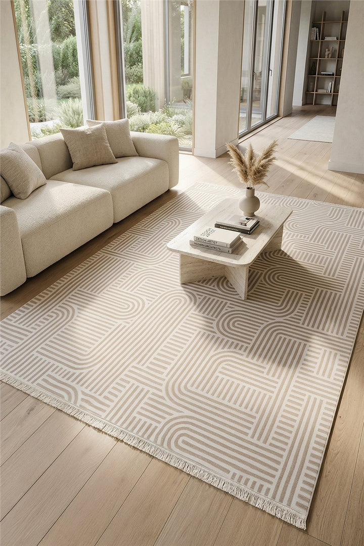 Ekru-Vizon Liora Kabartmalı Geometrik Desen Kaymaz Taban Saten Bambu Halı