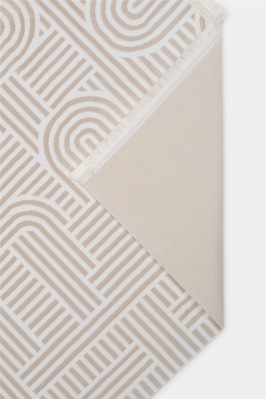 Ekru-Vizon Liora Kabartmalı Geometrik Desen Kaymaz Taban Saten Bambu Halı