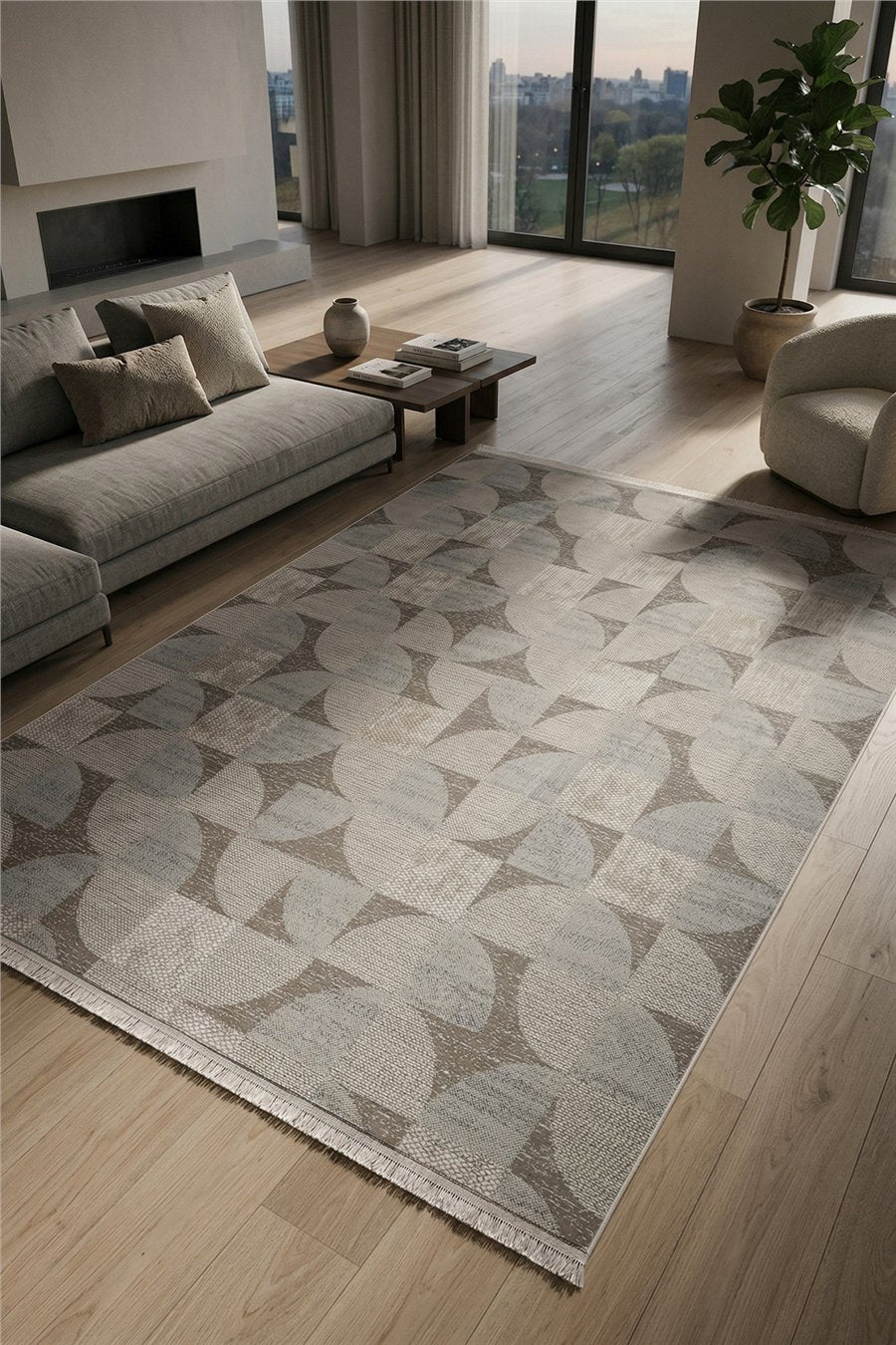 Ekru-Vizon Tavro Weave Kabartma Dokulu Kaymaz Taban Saten Bambu Halı