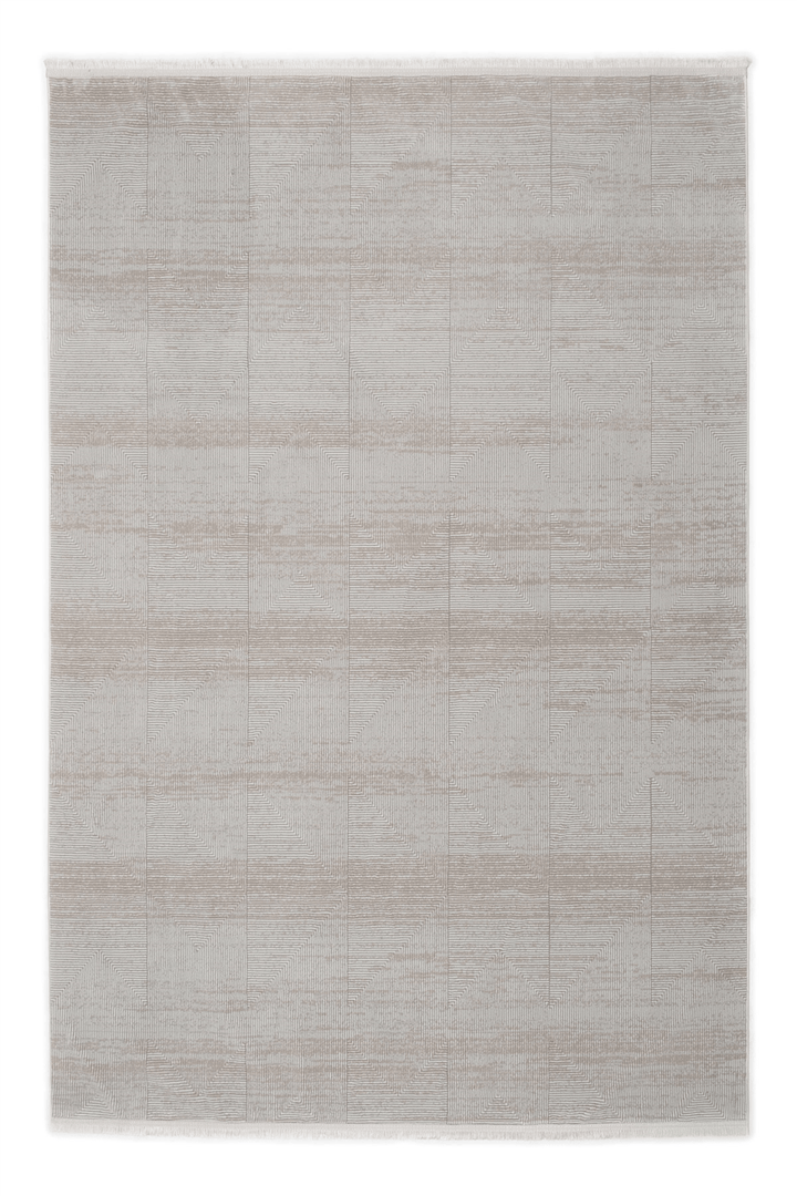Ekru-Vizon Velar Kabartmalı Patchwork Desenli Kaymaz Taban Saten Bambu Halı