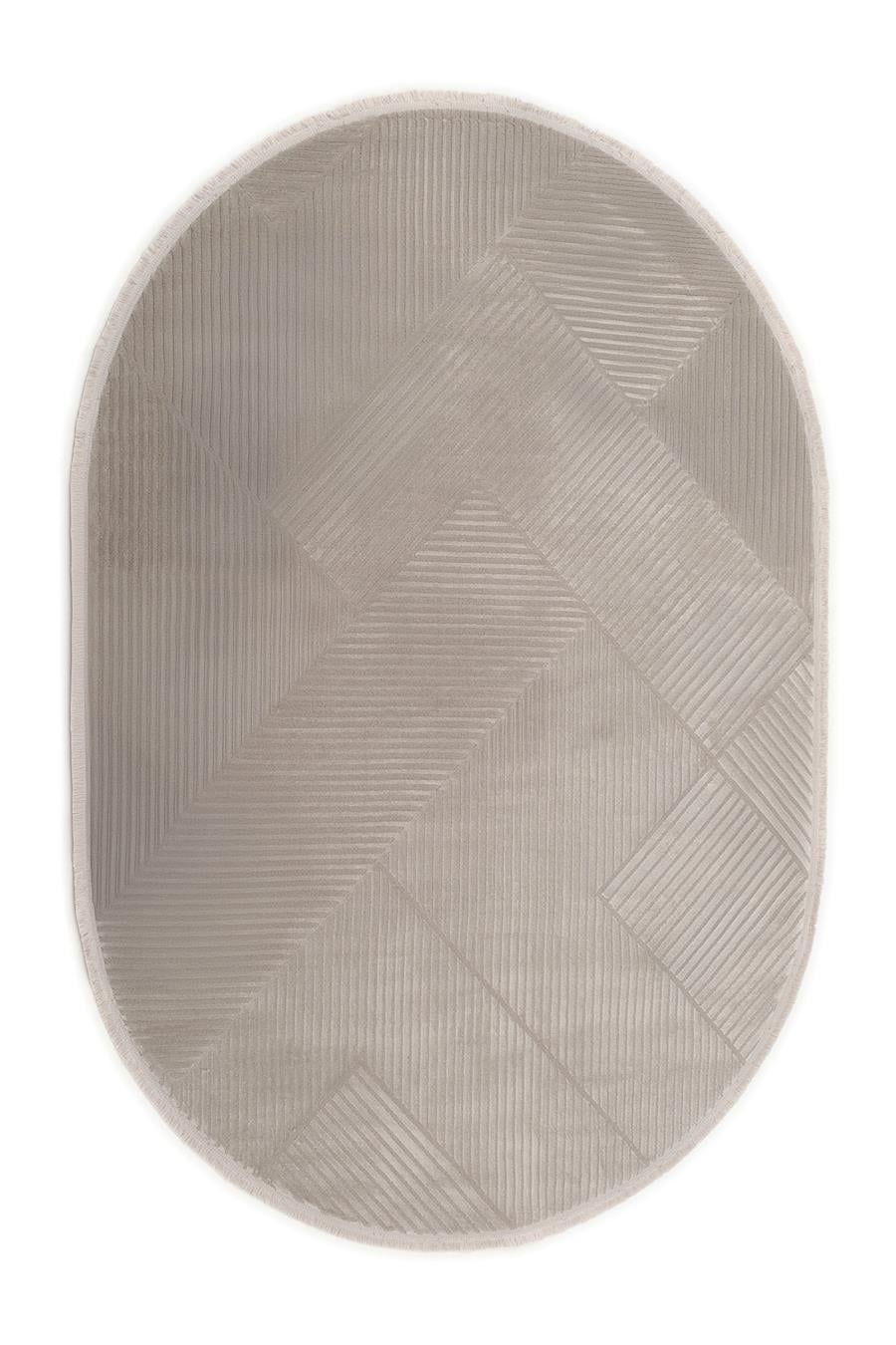 Gri Cashmira Geometrik Kabartma Desenli Modern Oval Halı