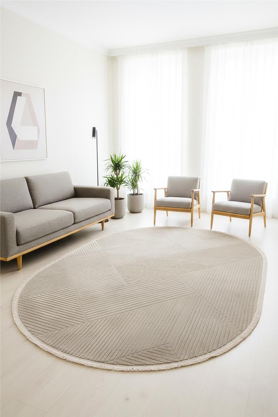 Gri Cashmira Geometrik Kabartma Desenli Modern Oval Halı