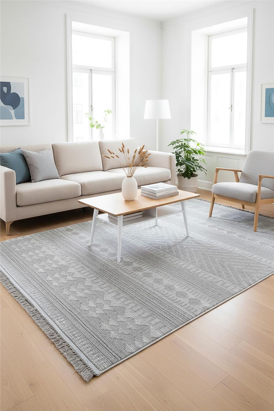 Gri Yumuşak Dokulu Kilim Desen İskandinav Halı