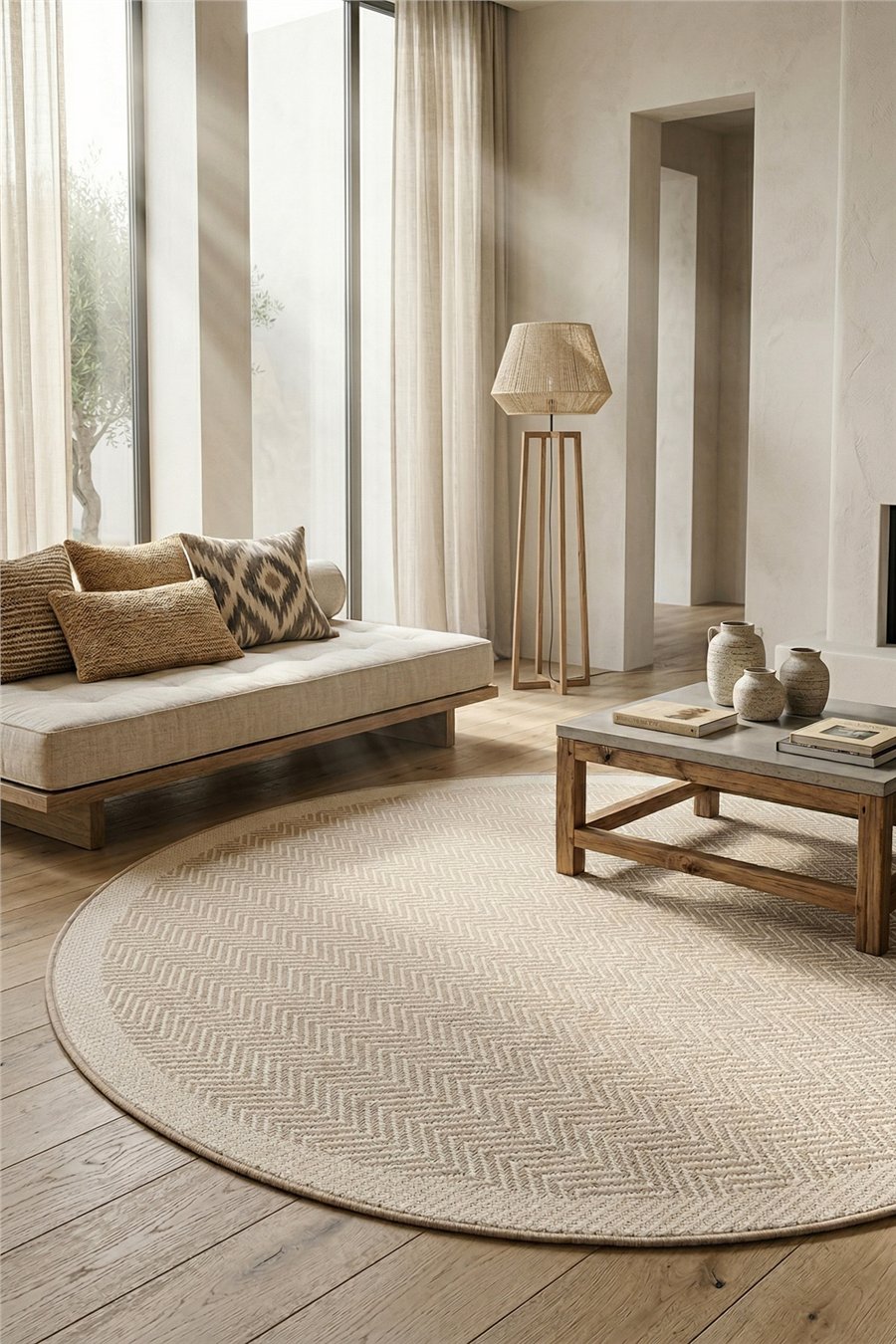 Krem Balıksırtı Dokumalı Yuvarlak Sisal Halı