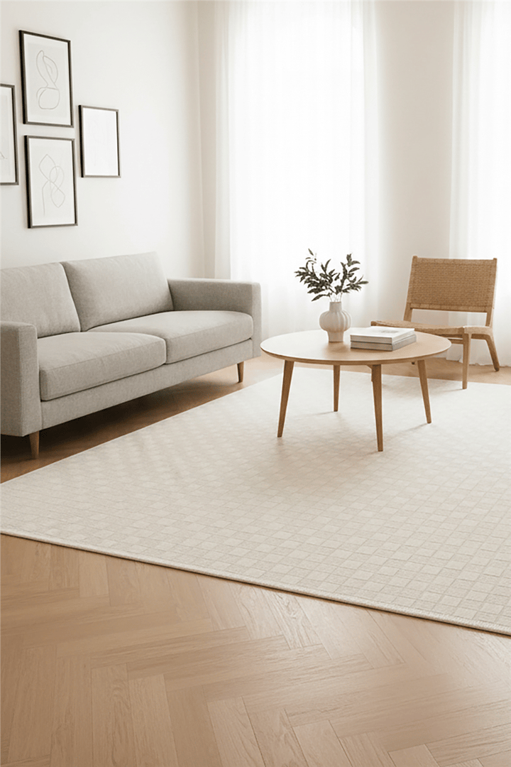 Krem Cemre Geometrik Desenli Kaymaz Tabanlı Modern Halı