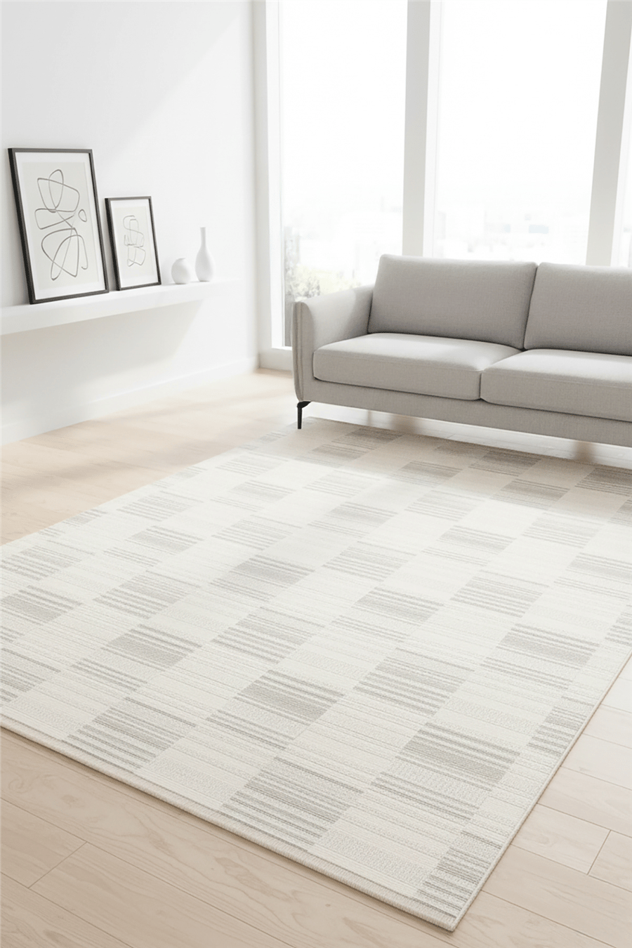 Krem-Gri Loop Geometrik Desenli Modern Halı