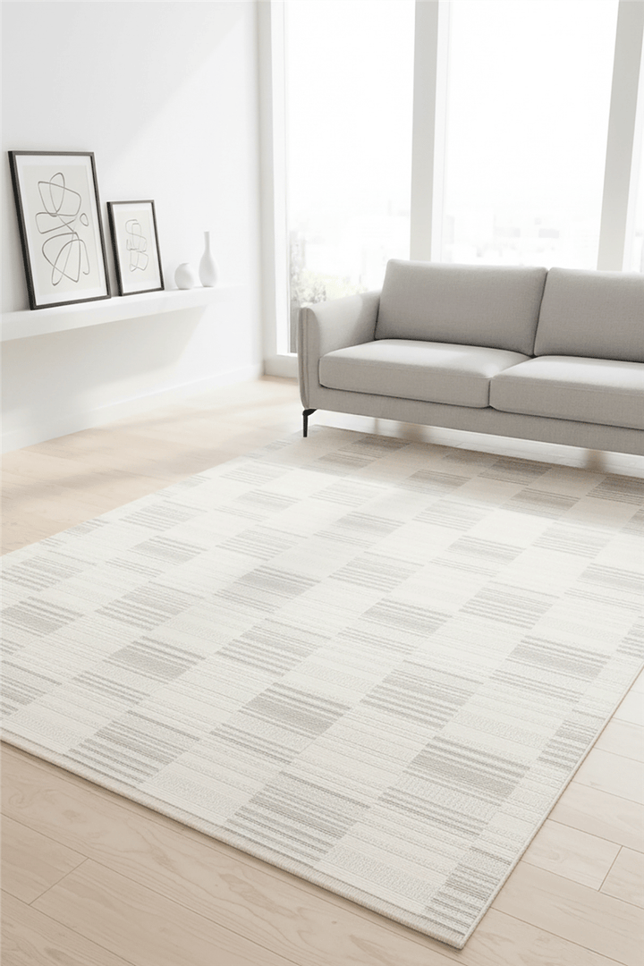 Krem-Gri Loop Geometrik Desenli Modern Halı