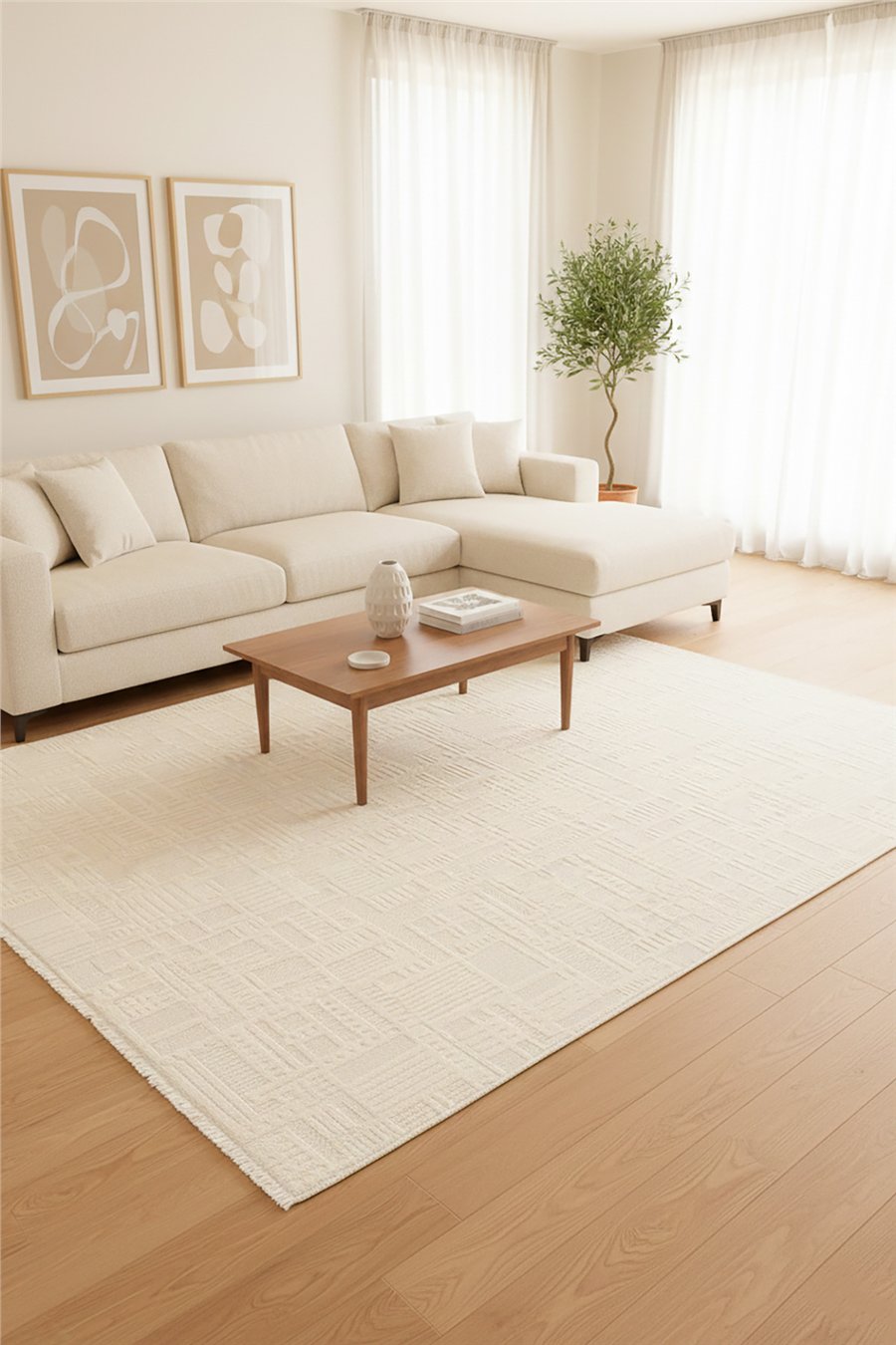 Krem Myra Geometrik Dokuma Desenli Modern Halı