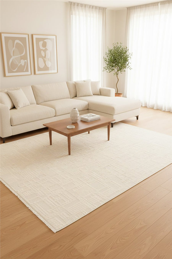 Krem Myra Geometrik Dokuma Desenli Modern Halı