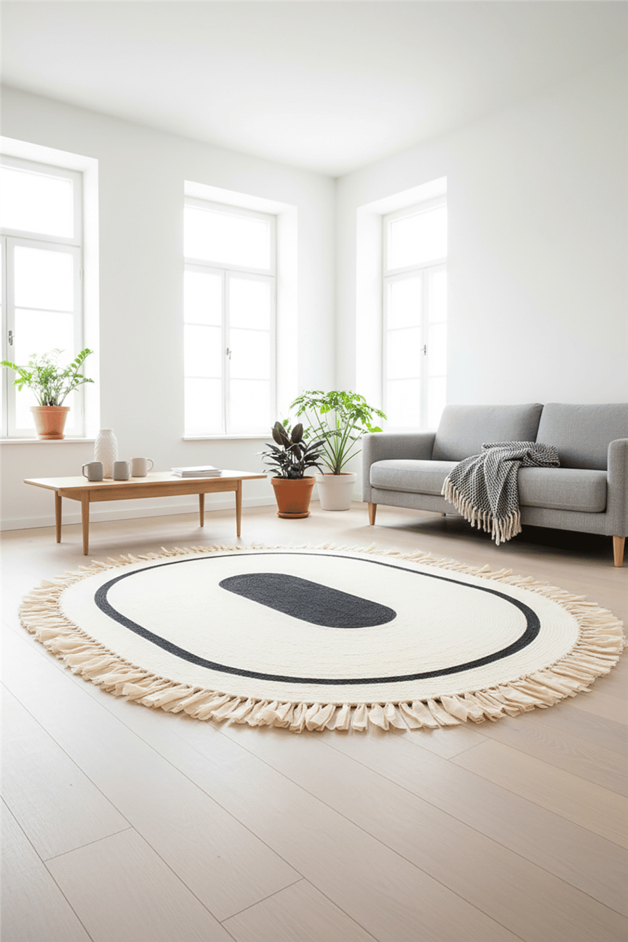 Krem-Siyah Saçaklı Oval Linea Çift Taraflı Jüt Halı