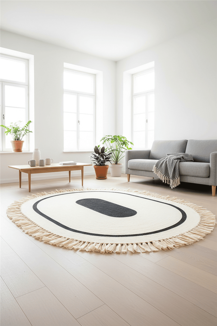 Krem-Siyah Saçaklı Oval Linea Çift Taraflı Jüt Halı