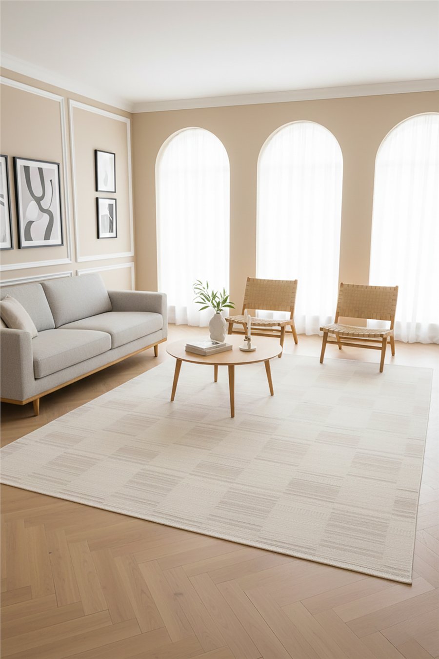 Krem-Vizon Loop Geometrik Desenli Modern Halı