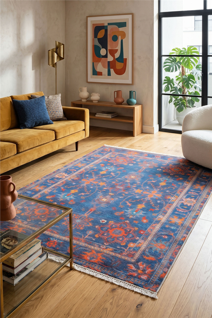 Lacivert Zamanın İzi Modern Vintage Sisal Halı