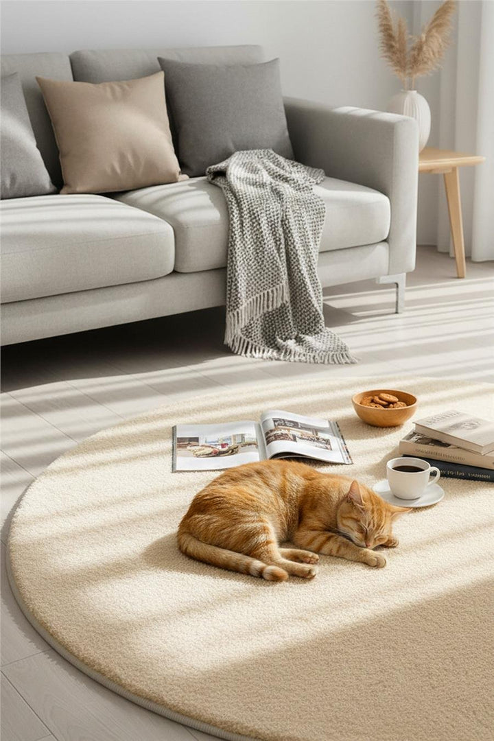 Peluş Bej Makinede Yıkanabilir Yumuşak Dokulu Yuvarlak Peluş Post Halı