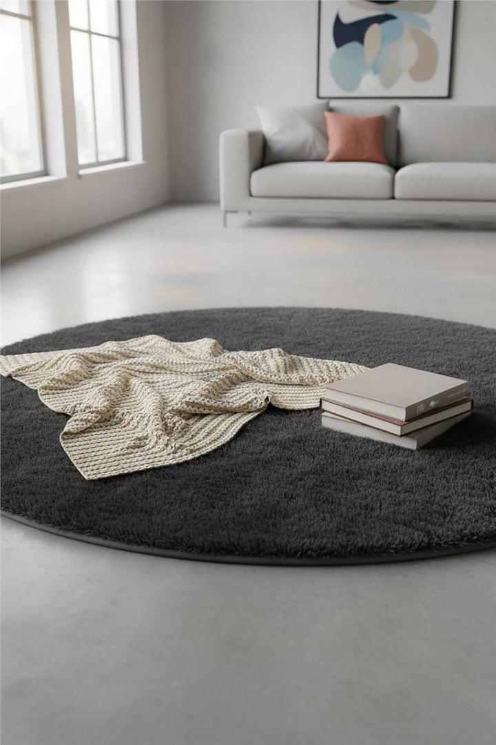 Peluş Siyah Makinede Yıkanabilir Yumuşak Dokulu Yuvarlak Peluş Post Halı