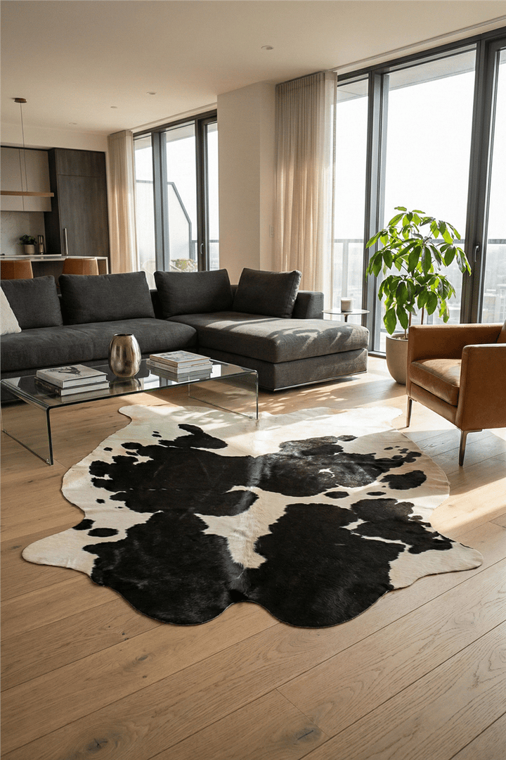 Siyah-Beyaz Savanna Rodeo Dana Derisi Post Halı