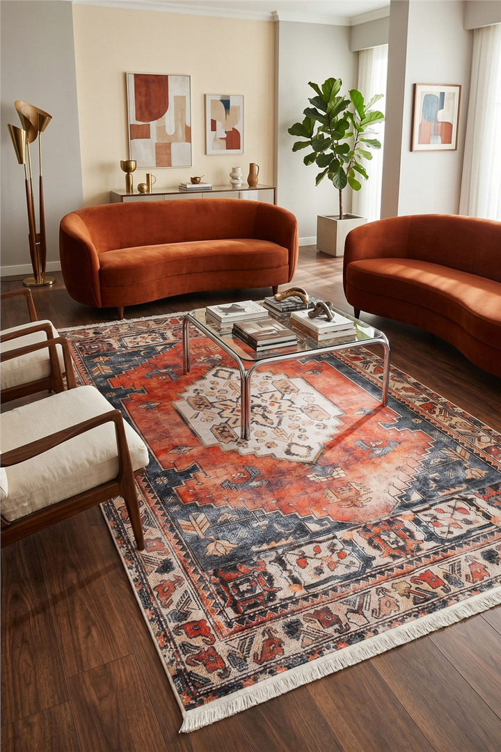 Turuncu-Lacivert Zamanın İzi Modern Vintage Sisal Halı